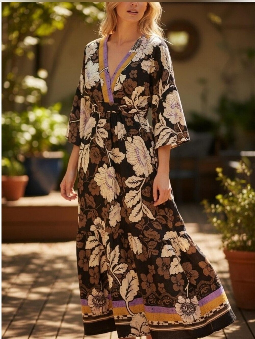 Autumn Leaf Midi Dress Brown Purple Flowy Sleeves V Neck Size Large 12